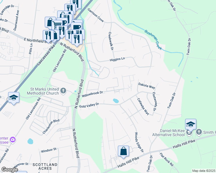 map of restaurants, bars, coffee shops, grocery stores, and more near 2435 Willowbrook Drive in Murfreesboro