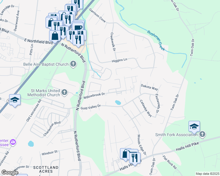 map of restaurants, bars, coffee shops, grocery stores, and more near 2435 Willowbrook Drive in Murfreesboro