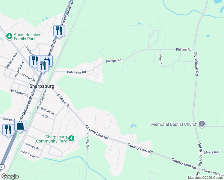 map of restaurants, bars, coffee shops, grocery stores, and more near 380 Smiley Lane in Rocky Mount