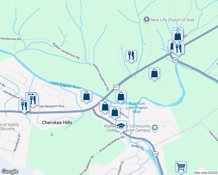 map of restaurants, bars, coffee shops, grocery stores, and more near 1620 Newport Highway in Sevierville