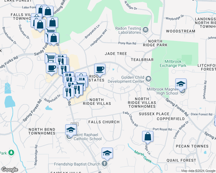 map of restaurants, bars, coffee shops, grocery stores, and more near 1511 Hemphill Drive in Raleigh