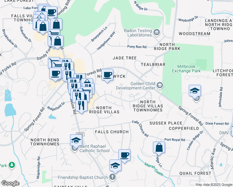 map of restaurants, bars, coffee shops, grocery stores, and more near 1511 Hemphill Drive in Raleigh