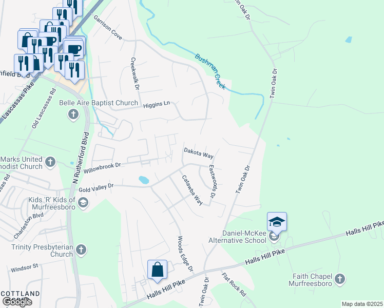 map of restaurants, bars, coffee shops, grocery stores, and more near 2624 Dakota Way in Murfreesboro