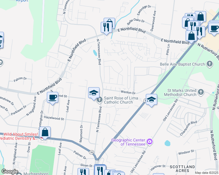 map of restaurants, bars, coffee shops, grocery stores, and more near 1207 Wenlon Drive in Murfreesboro