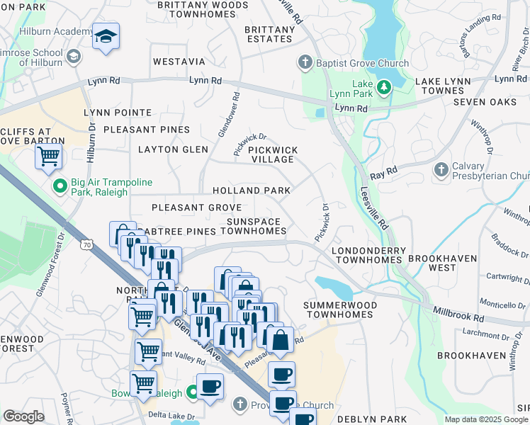 map of restaurants, bars, coffee shops, grocery stores, and more near 6307 Daystar Lane in Raleigh