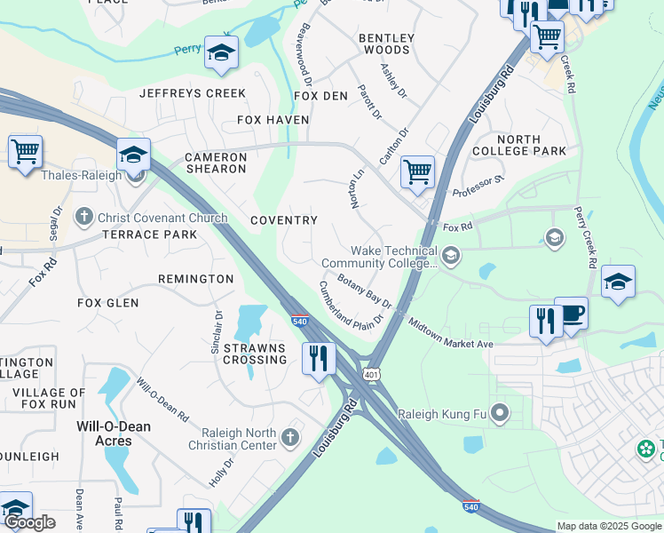 map of restaurants, bars, coffee shops, grocery stores, and more near 5401 Botany Bay Drive in Raleigh