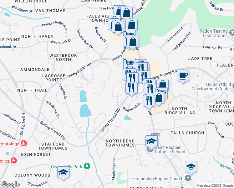 map of restaurants, bars, coffee shops, grocery stores, and more near 710 Spring Falls Drive in Raleigh