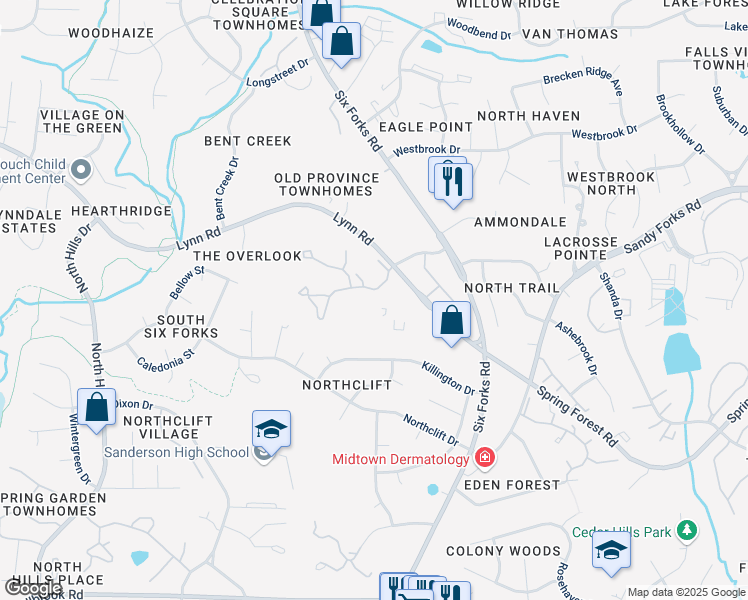 map of restaurants, bars, coffee shops, grocery stores, and more near 6111 Lynnridge Lane in Raleigh
