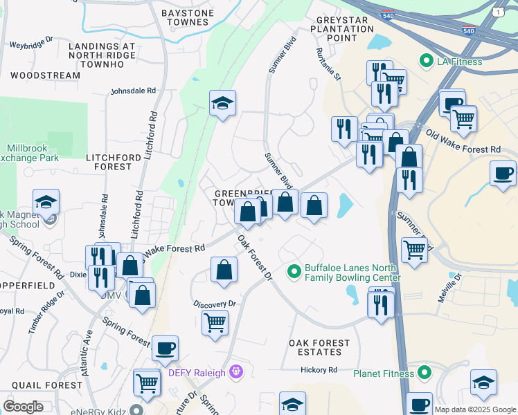 map of restaurants, bars, coffee shops, grocery stores, and more near 6622 Morgantown Street in Raleigh