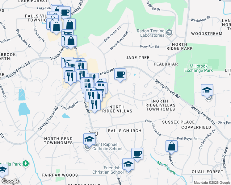 map of restaurants, bars, coffee shops, grocery stores, and more near 6100 New Market Way in Raleigh