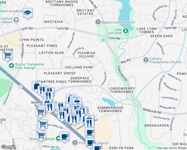 map of restaurants, bars, coffee shops, grocery stores, and more near 4109 Pleasant Grove Church Road in Raleigh