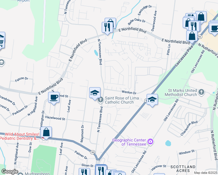 map of restaurants, bars, coffee shops, grocery stores, and more near 1207 Wenlon Drive in Murfreesboro