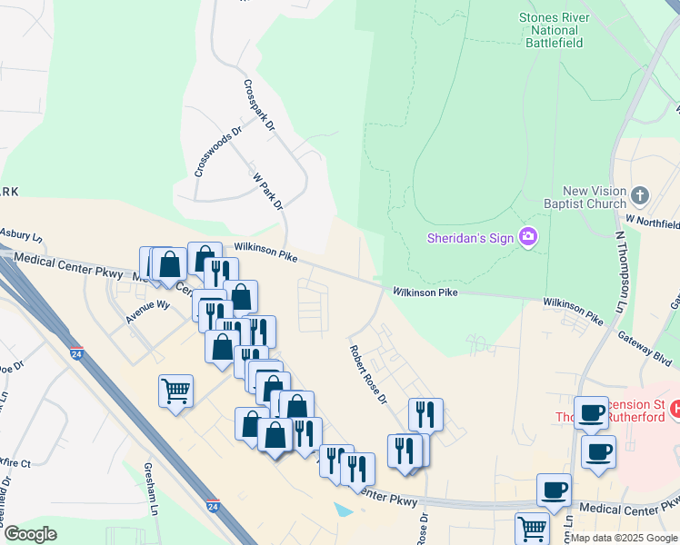 map of restaurants, bars, coffee shops, grocery stores, and more near 2115-2603 Wilkinson Pike in Murfreesboro