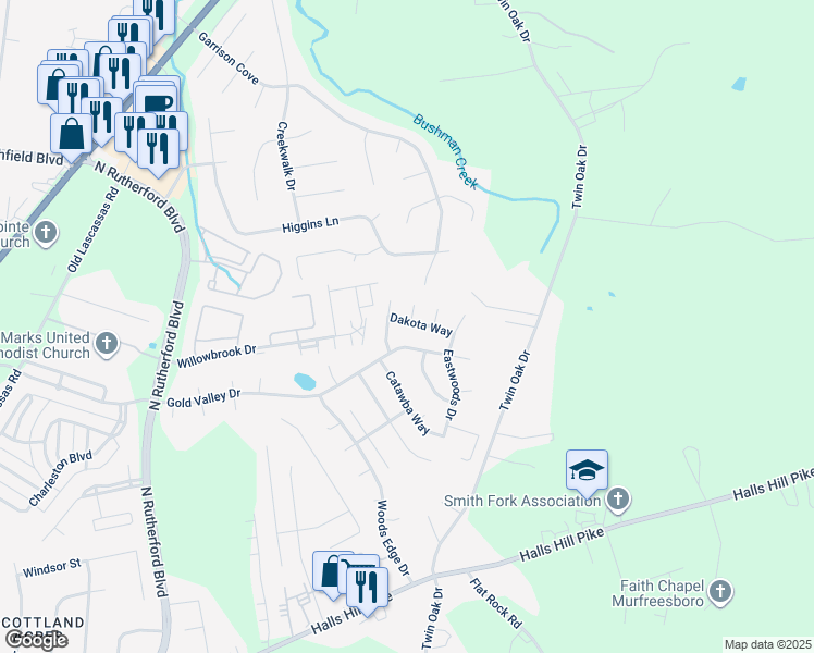 map of restaurants, bars, coffee shops, grocery stores, and more near 1316 Owasa Trail in Murfreesboro