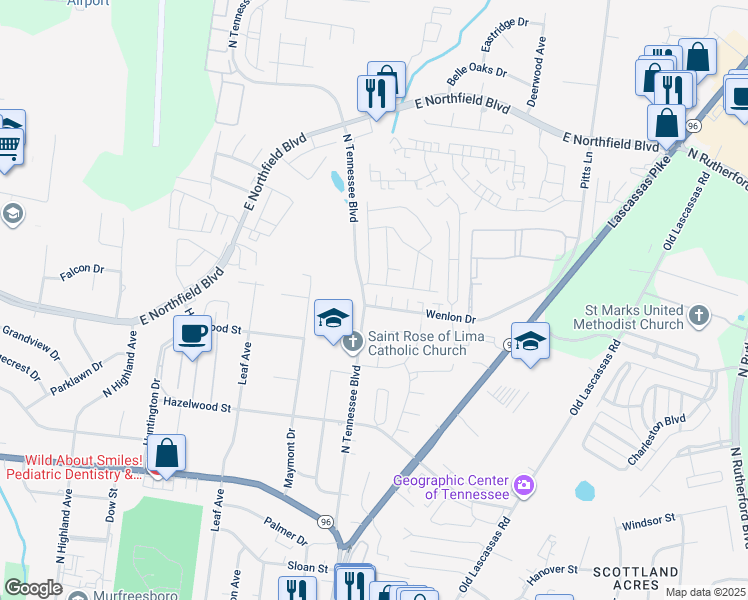 map of restaurants, bars, coffee shops, grocery stores, and more near 1207 Wenlon Drive in Murfreesboro