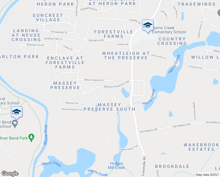 map of restaurants, bars, coffee shops, grocery stores, and more near 4152 Massey Preserve Trail in Raleigh