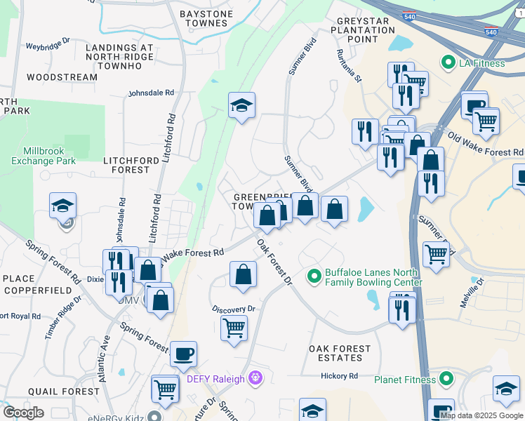 map of restaurants, bars, coffee shops, grocery stores, and more near 6615 Morgantown Street in Raleigh