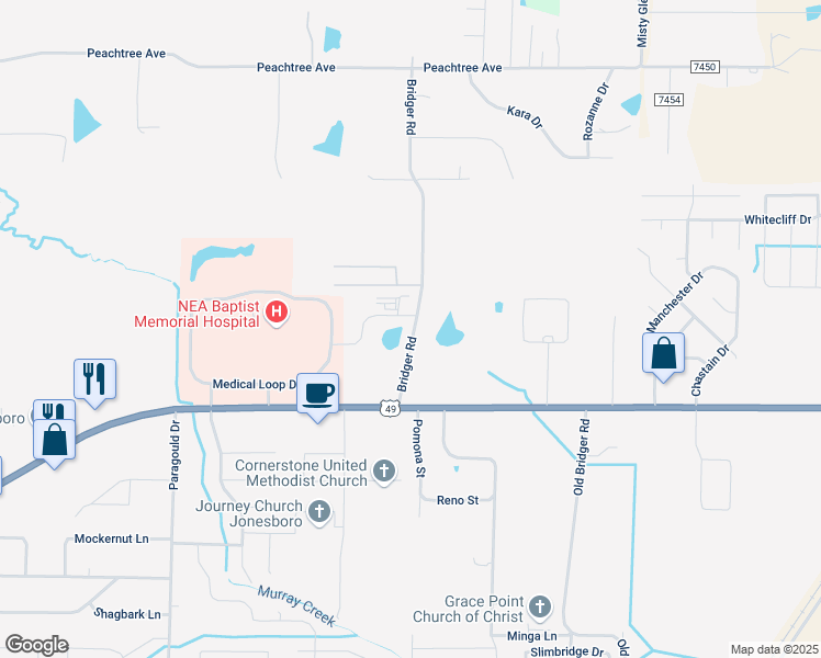 map of restaurants, bars, coffee shops, grocery stores, and more near 2101 Bridger Road in Jonesboro