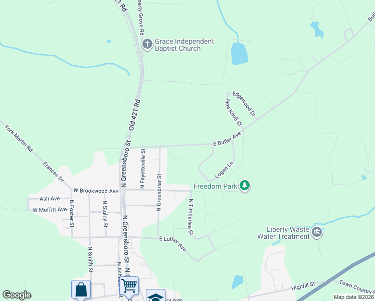 map of restaurants, bars, coffee shops, grocery stores, and more near 306 East Butler Avenue in Liberty