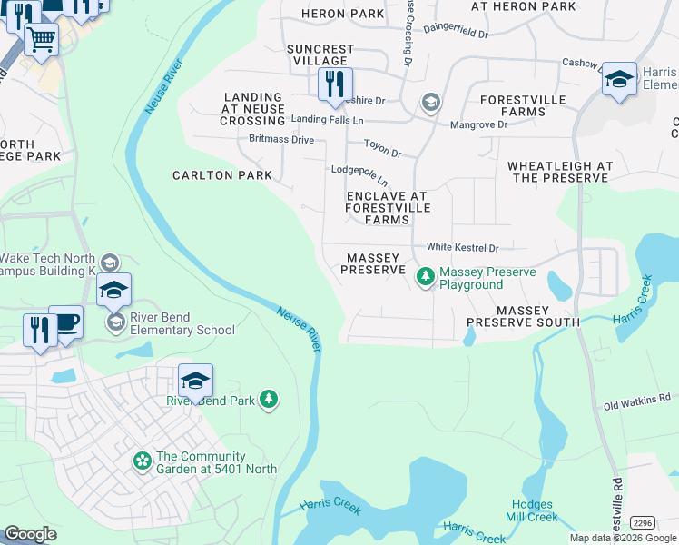map of restaurants, bars, coffee shops, grocery stores, and more near 3525 Massey Ridge Court in Raleigh