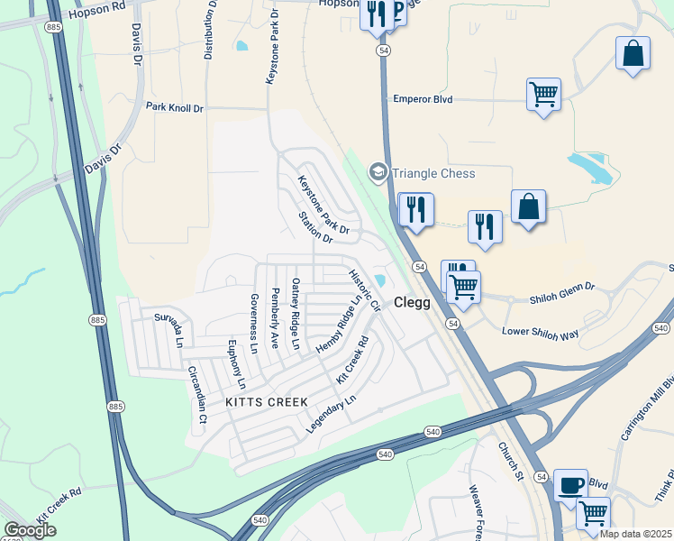 map of restaurants, bars, coffee shops, grocery stores, and more near 2409 Historic Circle in Morrisville