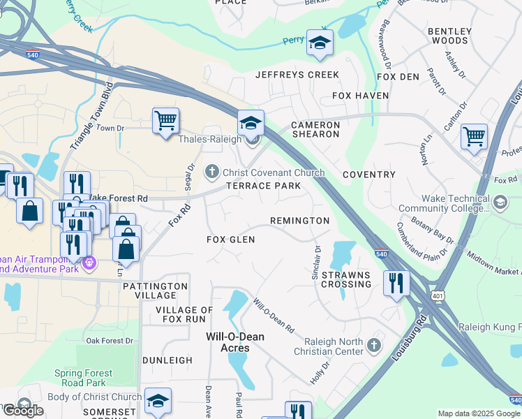 map of restaurants, bars, coffee shops, grocery stores, and more near 6601 Terrace Park Court in Raleigh