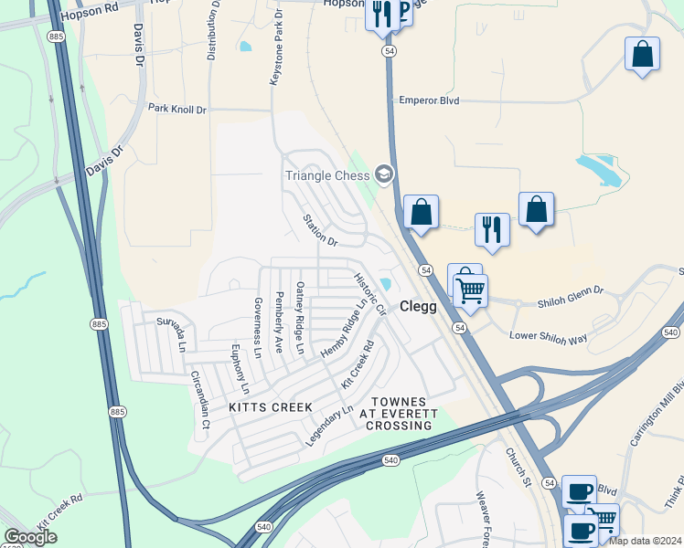 map of restaurants, bars, coffee shops, grocery stores, and more near 2409 Historic Circle in Morrisville