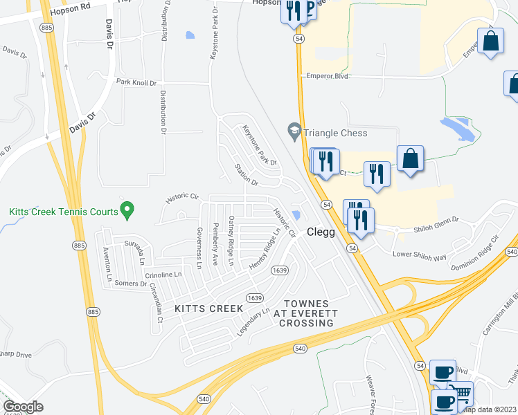 map of restaurants, bars, coffee shops, grocery stores, and more near 2421 Historic Circle in Morrisville