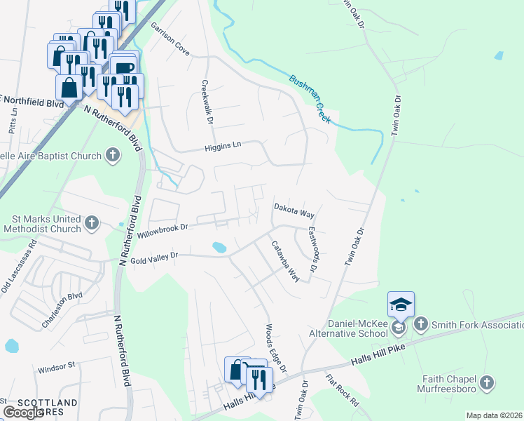 map of restaurants, bars, coffee shops, grocery stores, and more near 1314 Bunny Court in Murfreesboro