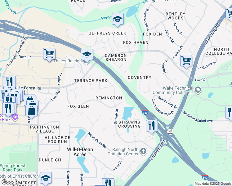 map of restaurants, bars, coffee shops, grocery stores, and more near 4717 Sinclair Drive in Raleigh