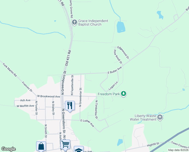 map of restaurants, bars, coffee shops, grocery stores, and more near 306 East Butler Avenue in Liberty