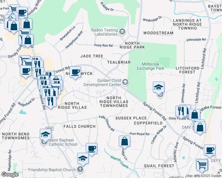 map of restaurants, bars, coffee shops, grocery stores, and more near 1618 Budwood Drive in Raleigh