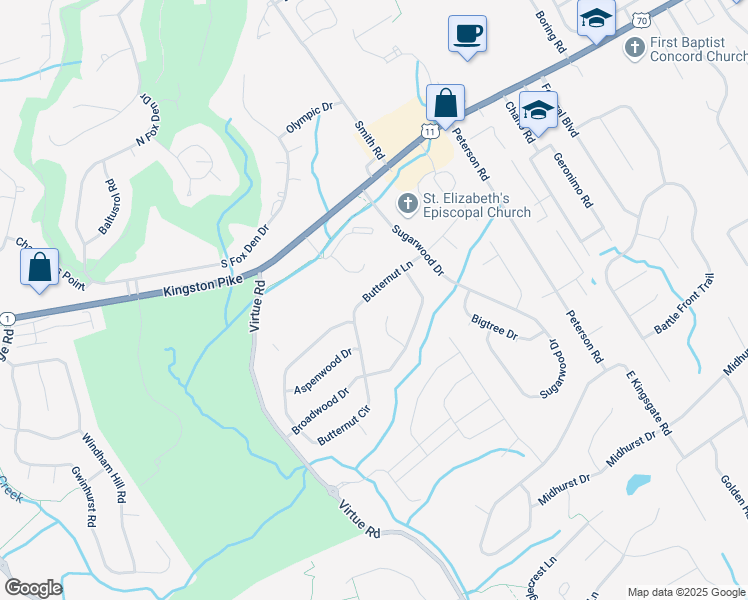 map of restaurants, bars, coffee shops, grocery stores, and more near 204 Candlenut Lane in Knoxville