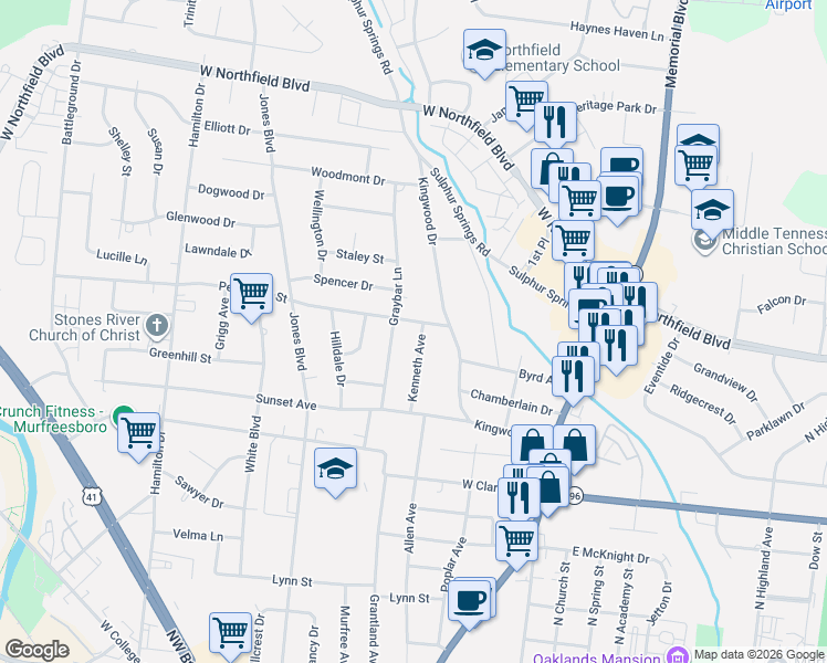 map of restaurants, bars, coffee shops, grocery stores, and more near 1615 Kenneth Avenue in Murfreesboro