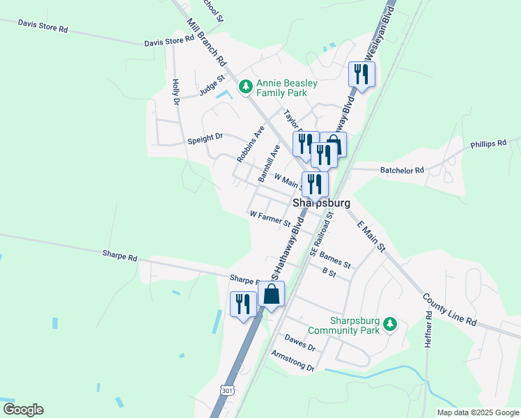 map of restaurants, bars, coffee shops, grocery stores, and more near 415 West Farmer Street in Rocky Mount