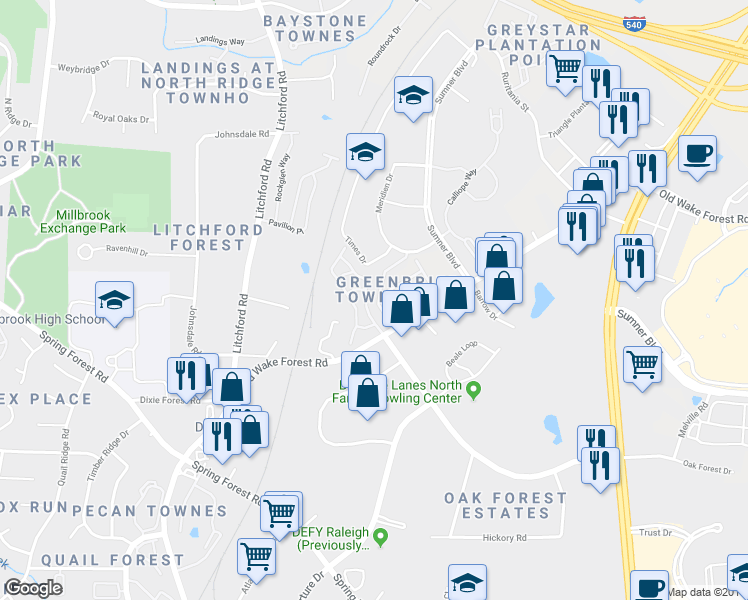 map of restaurants, bars, coffee shops, grocery stores, and more near 3012 Berkeley Springs Place in Raleigh