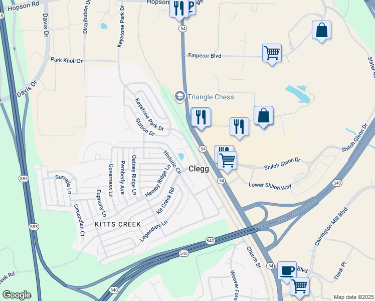 map of restaurants, bars, coffee shops, grocery stores, and more near 1025 Brennan Green Court in Morrisville