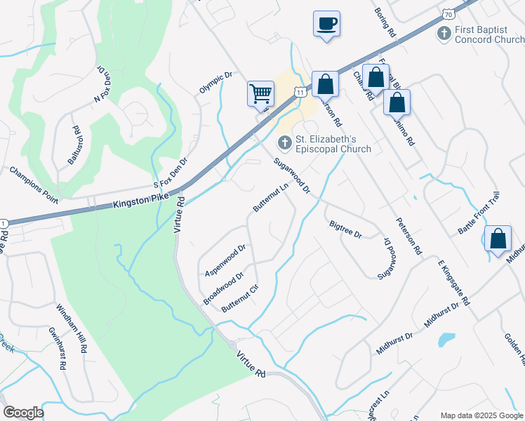 map of restaurants, bars, coffee shops, grocery stores, and more near 204 Candlenut Lane in Knoxville