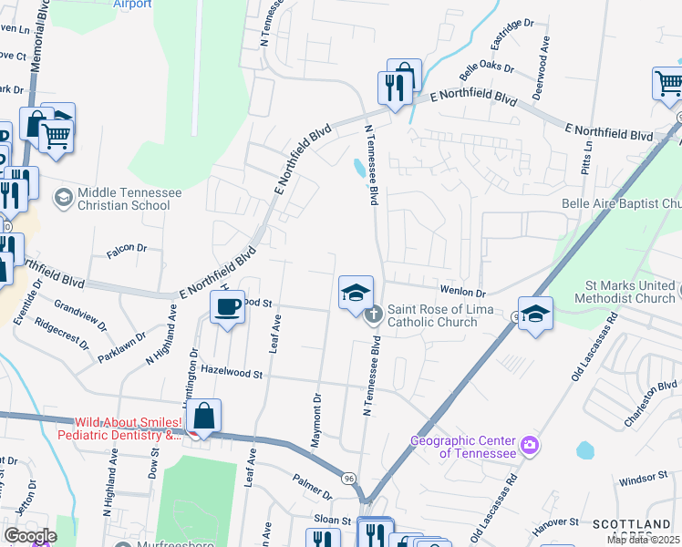 map of restaurants, bars, coffee shops, grocery stores, and more near 1715 Maymont Drive in Murfreesboro
