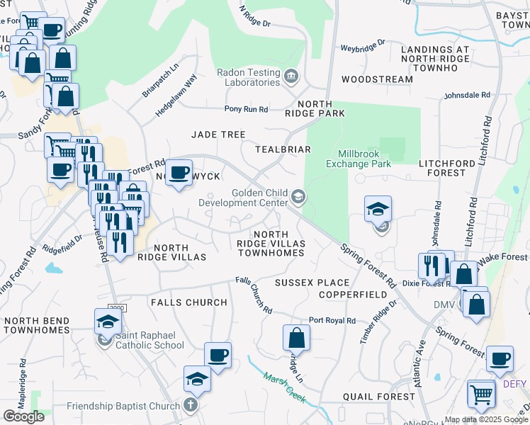 map of restaurants, bars, coffee shops, grocery stores, and more near 1620 Budwood Drive in Raleigh