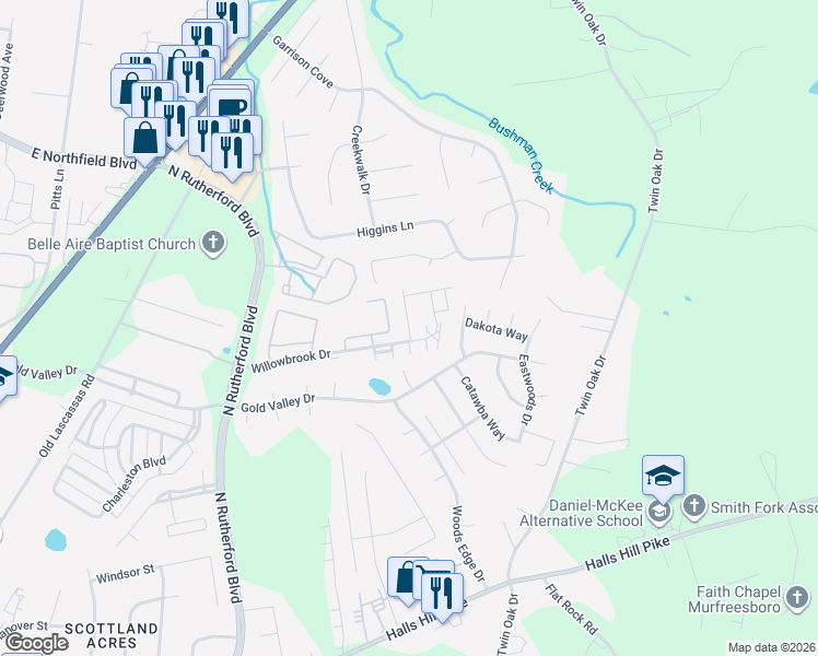 map of restaurants, bars, coffee shops, grocery stores, and more near Orange Court in Murfreesboro