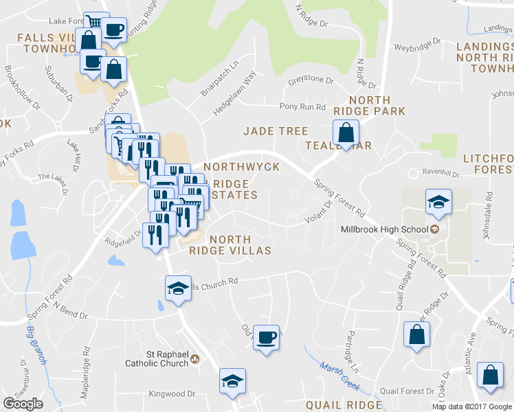 map of restaurants, bars, coffee shops, grocery stores, and more near 1515 Hemphill Drive in Raleigh
