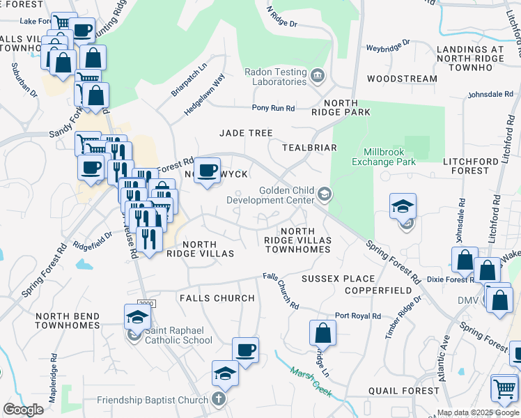 map of restaurants, bars, coffee shops, grocery stores, and more near 1533 Woodcroft Drive in Raleigh