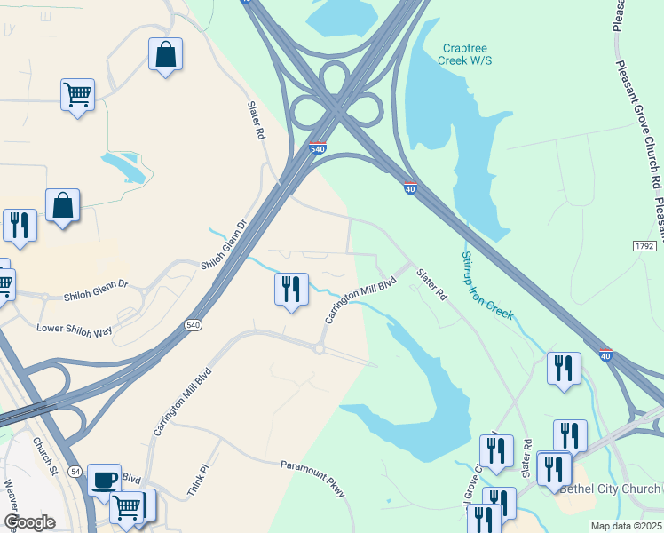 map of restaurants, bars, coffee shops, grocery stores, and more near 5107 Sorrel Park Drive in Morrisville