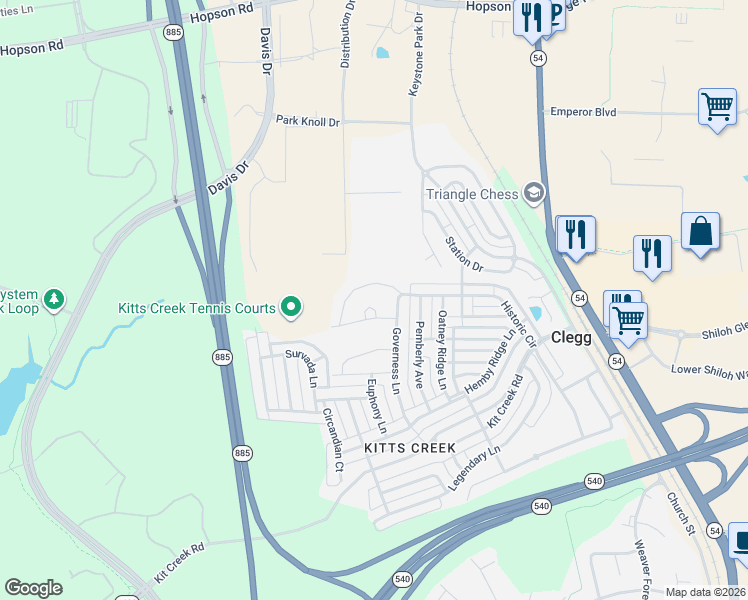 map of restaurants, bars, coffee shops, grocery stores, and more near 1004 Topland Court in Morrisville