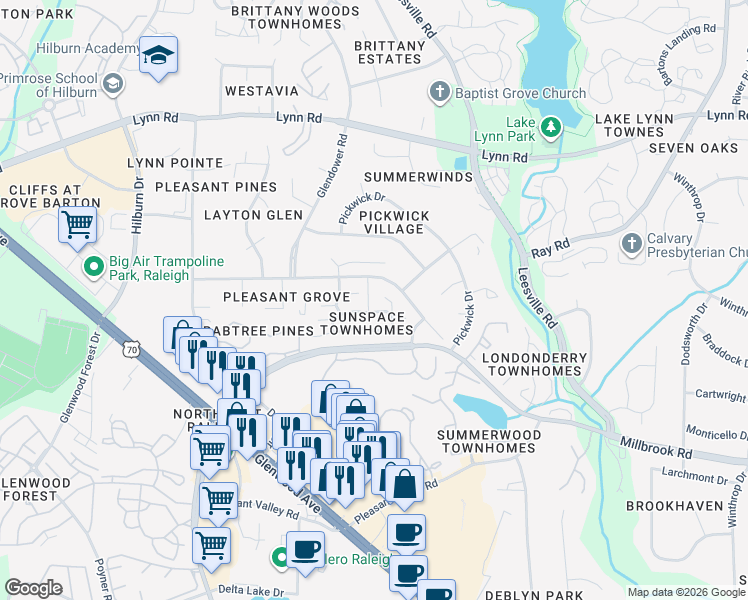 map of restaurants, bars, coffee shops, grocery stores, and more near 6307 Daystar Lane in Raleigh