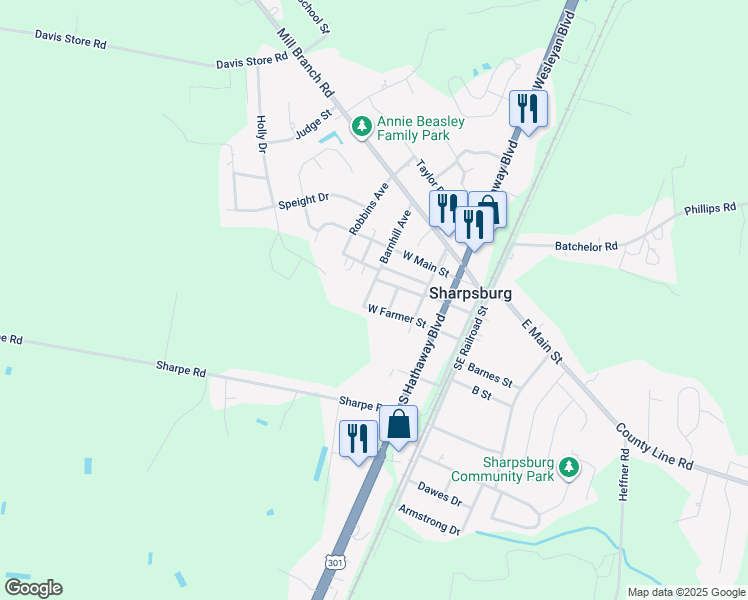 map of restaurants, bars, coffee shops, grocery stores, and more near 416 West Farmer Street in Rocky Mount