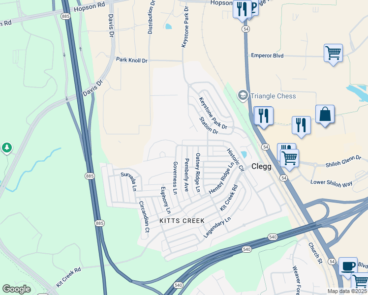map of restaurants, bars, coffee shops, grocery stores, and more near 1000 Pemberly Avenue in Morrisville