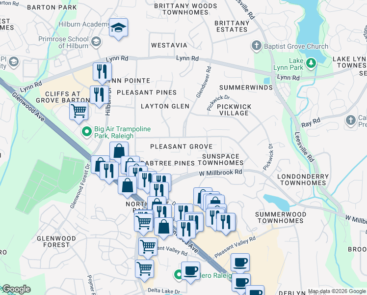 map of restaurants, bars, coffee shops, grocery stores, and more near 6316 Pleasant Creek Court in Raleigh