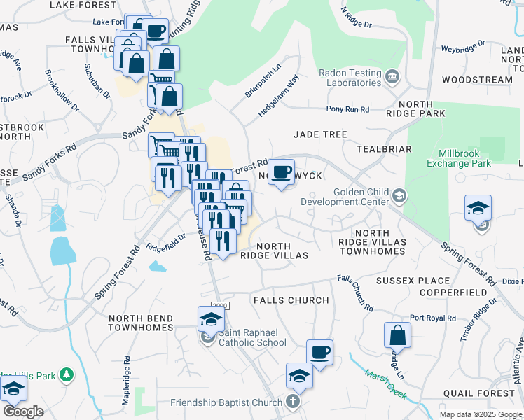 map of restaurants, bars, coffee shops, grocery stores, and more near 6108 New Market Way in Raleigh